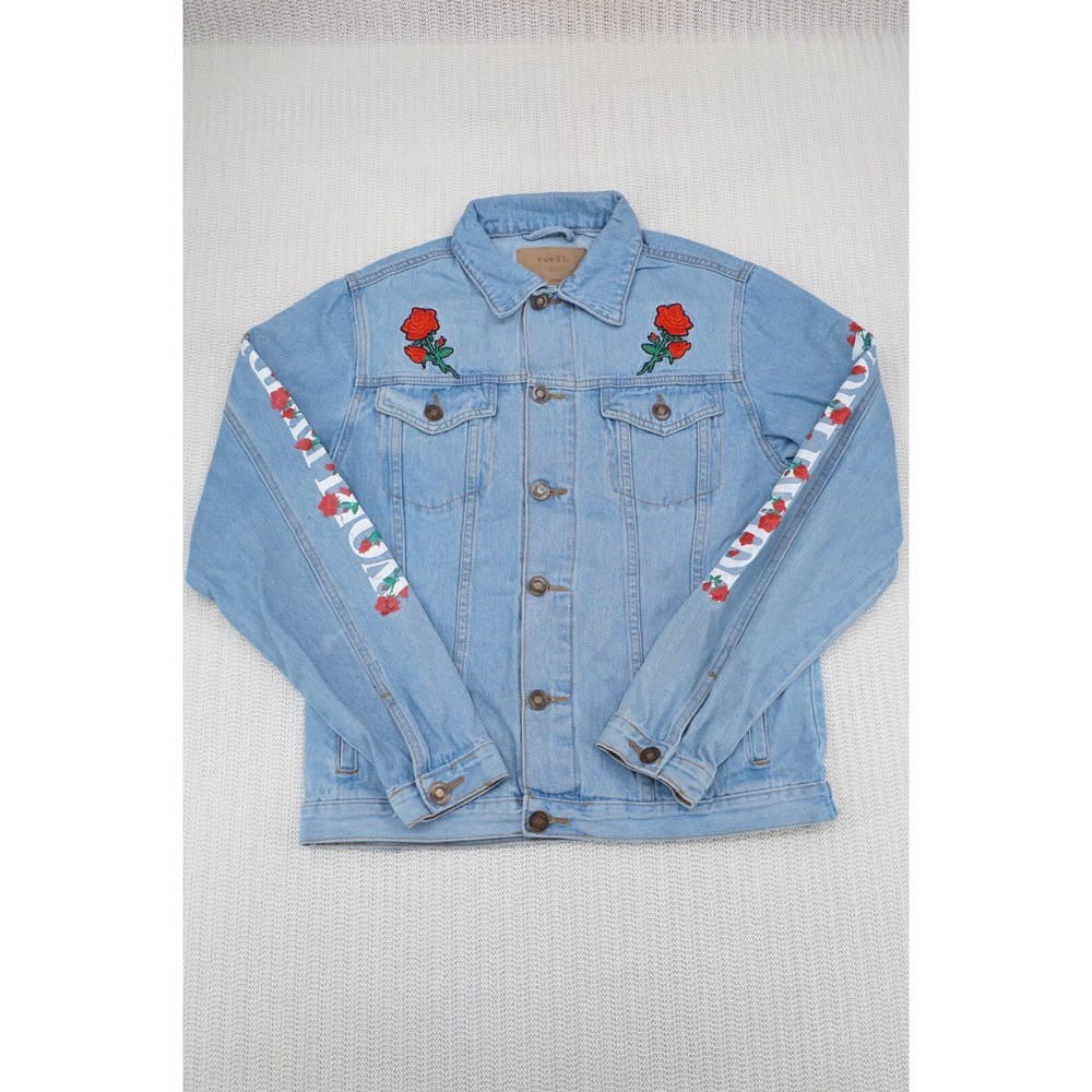 Rue 21 Jean Jacket Womens Small Blue Denim‎ Rose Worldwide Graphic Trucker